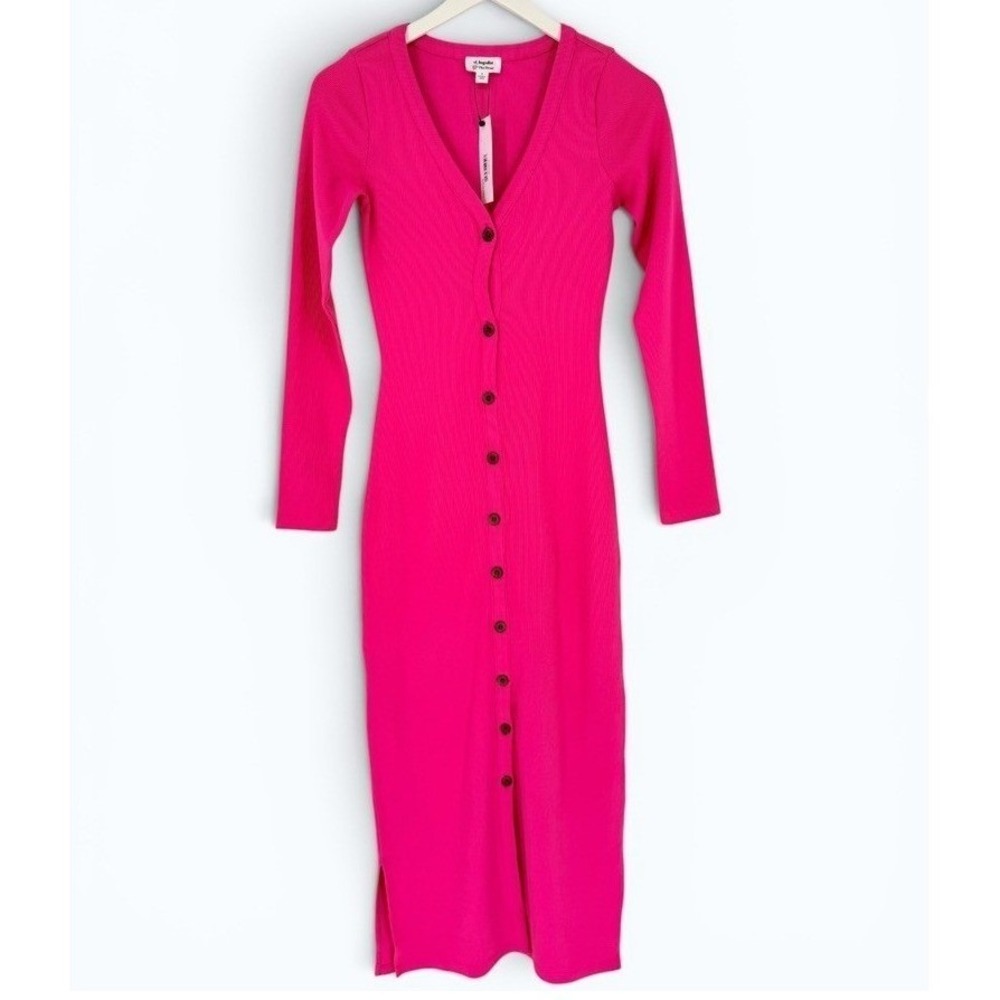 NEW The Drop Ribbed Button Front Bodycon Midi Dress Hot Pink Size Medium